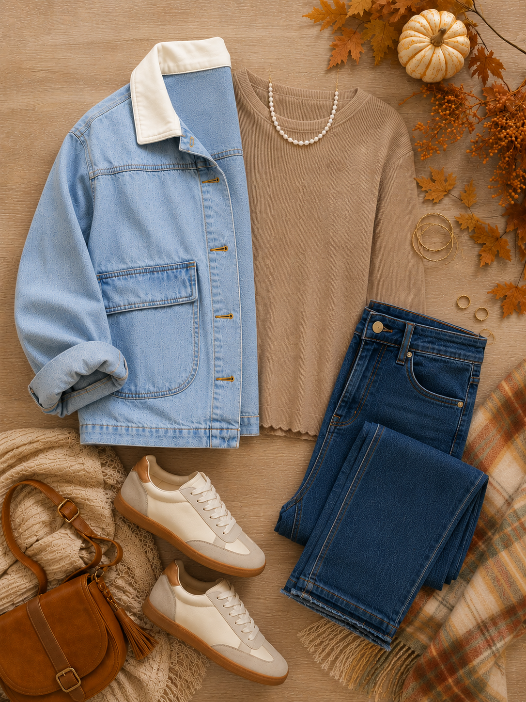 An autumn flat-lay outfit arrangement featuring a light blue denim jacket with a cream collar, a tan waffle knit top, dark blue jeans, white sneakers, a brown leather bag, a cream knit scarf, and fall foliage on a wood background.