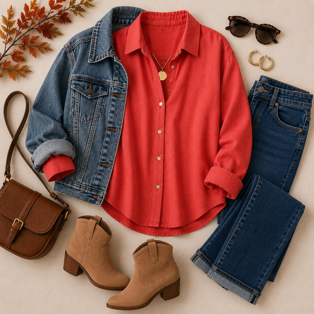 A styled flat-lay outfit on a light beige background featuring a coral red button-down shirt, a blue denim jacket, blue jeans, tan ankle boots, a brown crossbody bag, and sunglasses.