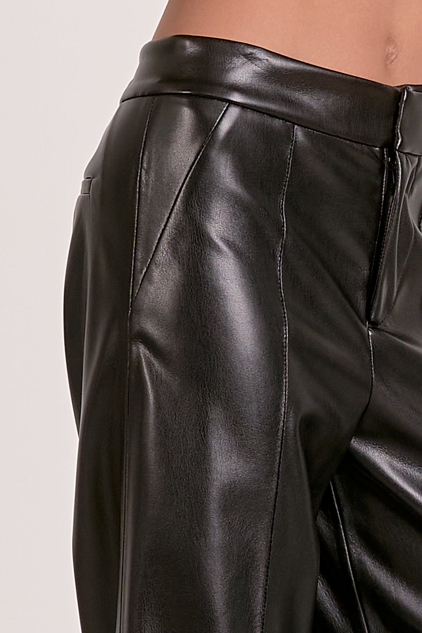 black faux leather wide leg pant close up view
