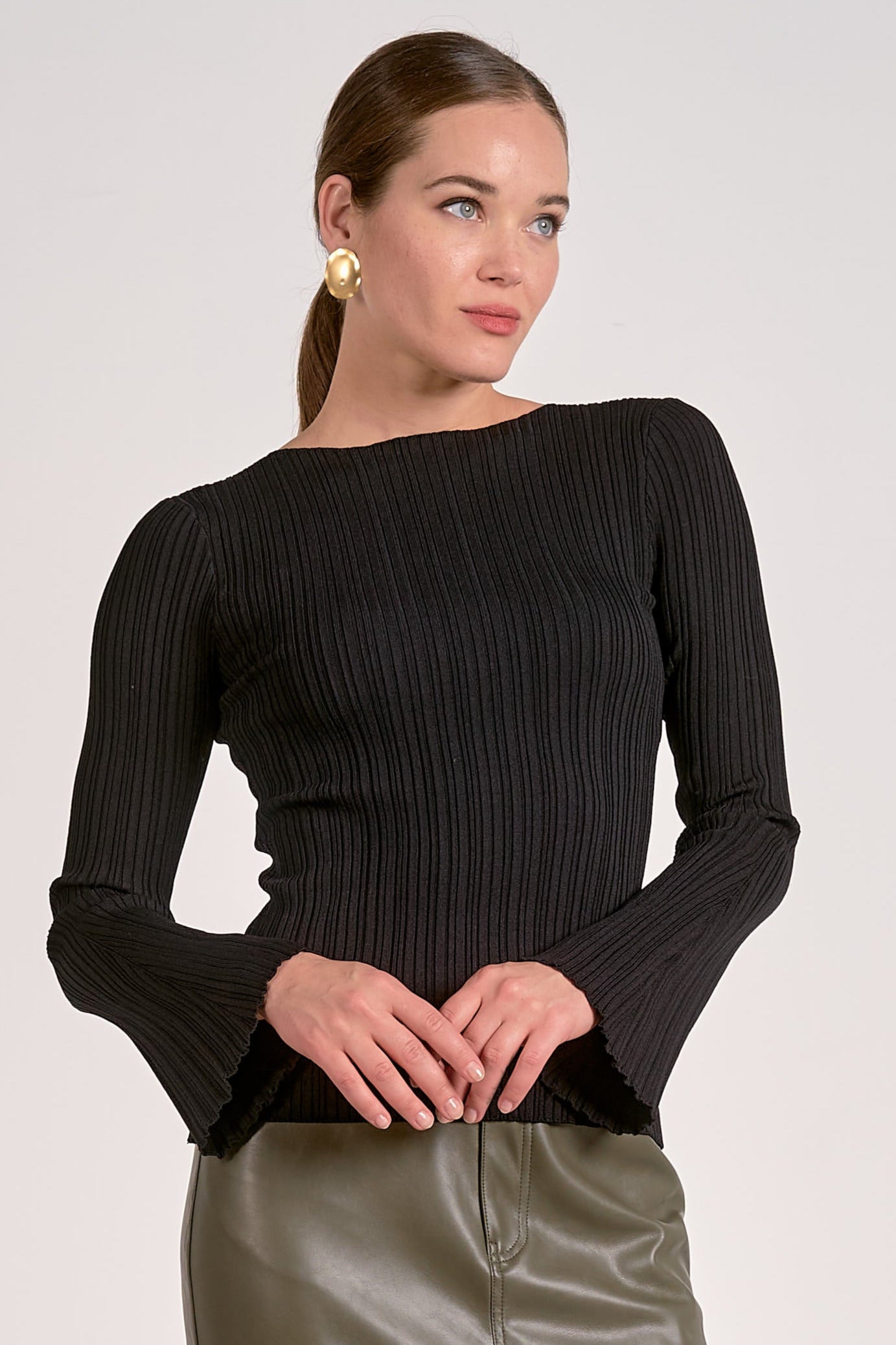 Front view of black ribbed bell sleeve long sleeve top for women