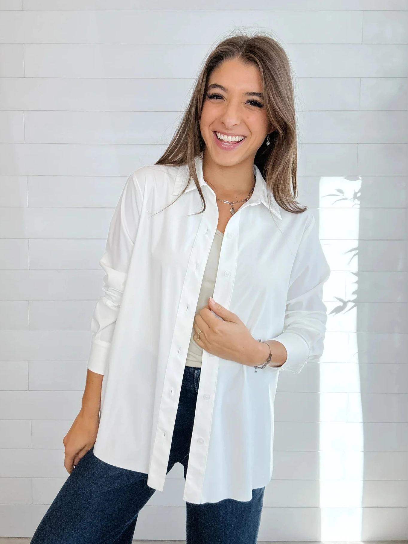 white button down styled open over tank casual outfit women