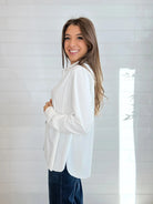 mac and me white blouse side view easy tuck detail long sleeve shirt