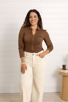 woman modeling the chocolate brown mac and me ruched front top