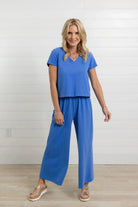 Mac and Me Cozy Pant in soft blue, wide leg style