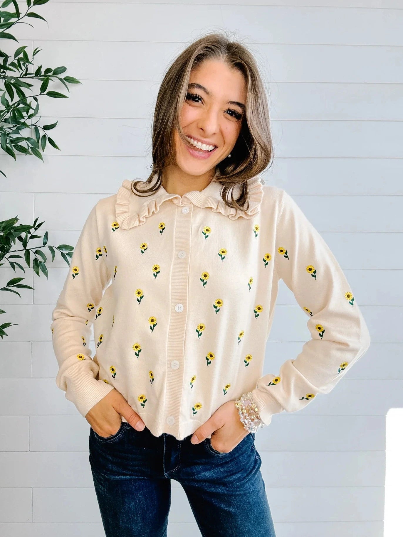 Mac and Me cream embroidered sunflower sweater with ruffle collar front view