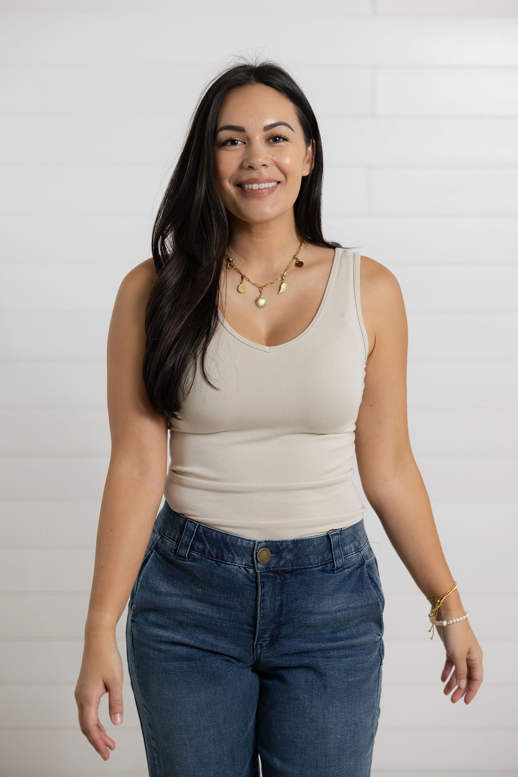 front of Mac and Me tan essential fitted tank on the v neck side