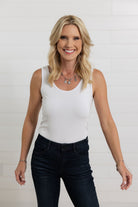 front of mac and me white essential tank showing the scoop neck side