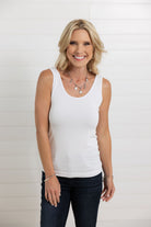 Mac and Me white essential fitted tank showing front scoop neck side