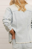 back details of Mac and Me bleached blue ruched sleeve denim jacket with fray hem