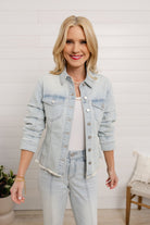 Mac and Me bleached blue ruched sleeve denim jacket with fray hem