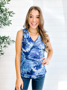 front view of Mac and Me printed mesh scalloped edge top in blue, scalloped hem detail