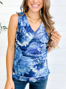 close up view of Mac and Me printed mesh scalloped edge top in blue