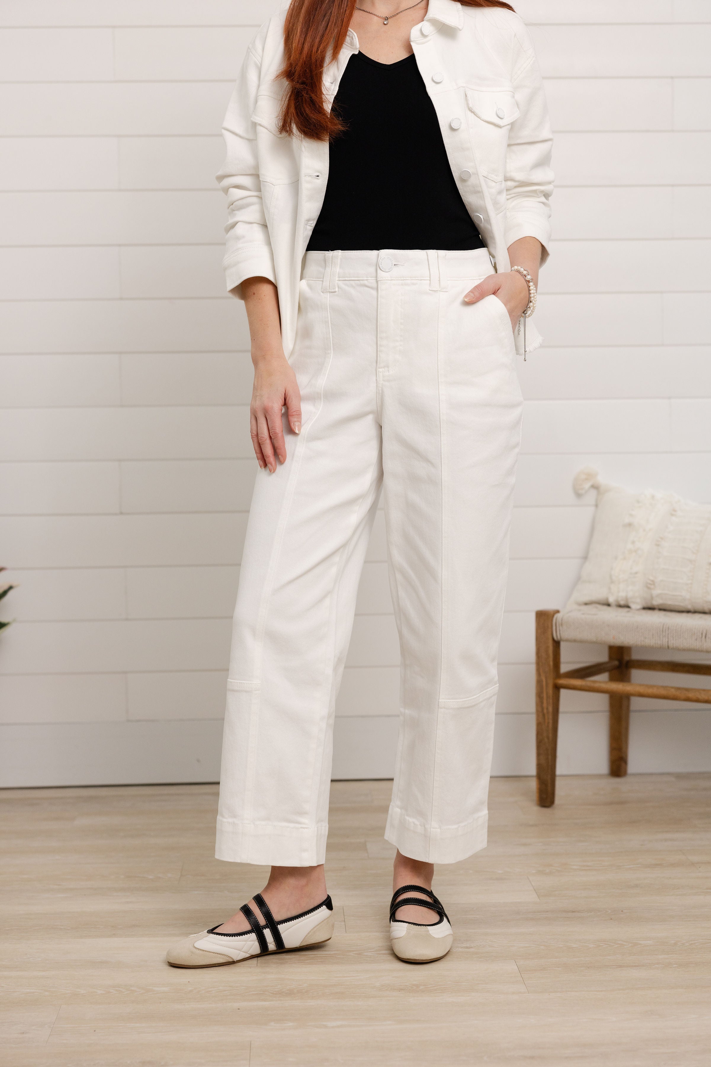 ac and Me optic white jeans showing relaxed fit and ankle length