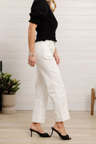 side view of relaxed fit mac and me white jeans