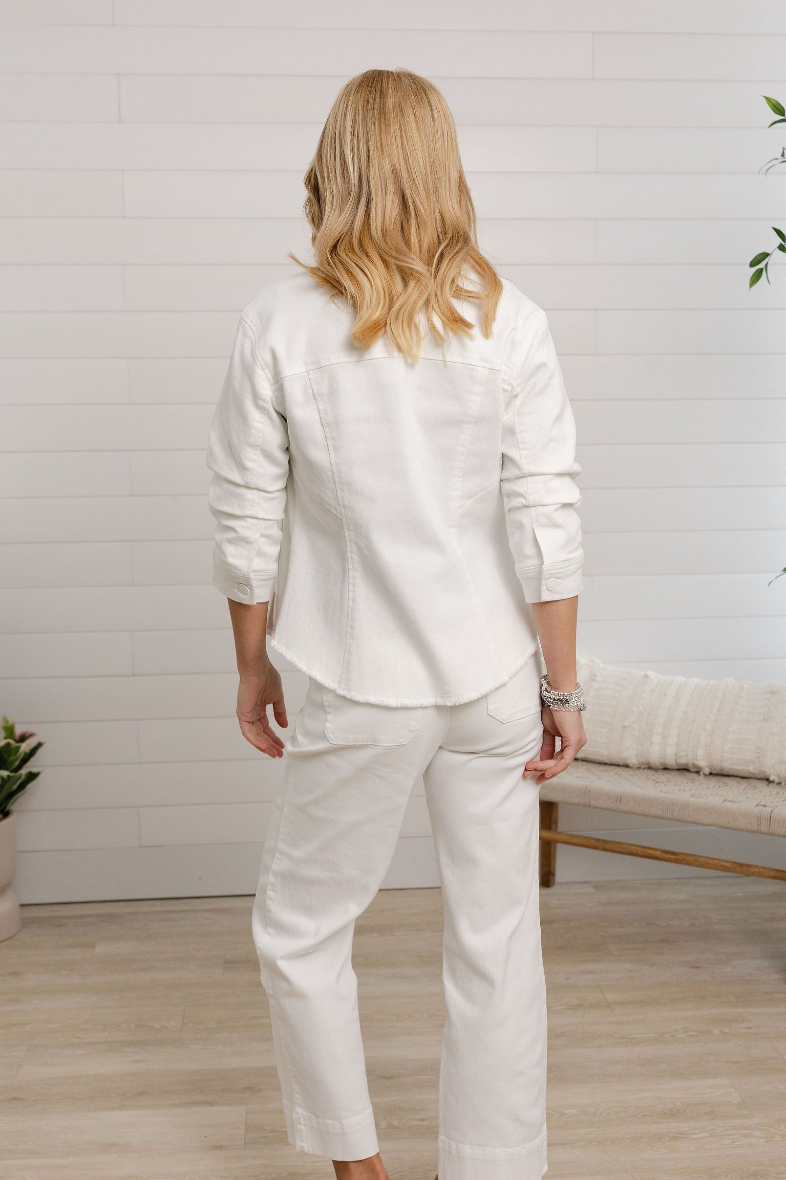 back view of mac and me ruched sleeve jacket in white
