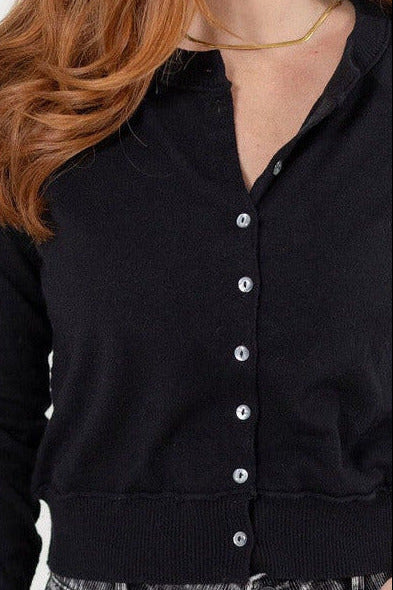 detailed view of mac and me solid black button front cardigan layering sweater