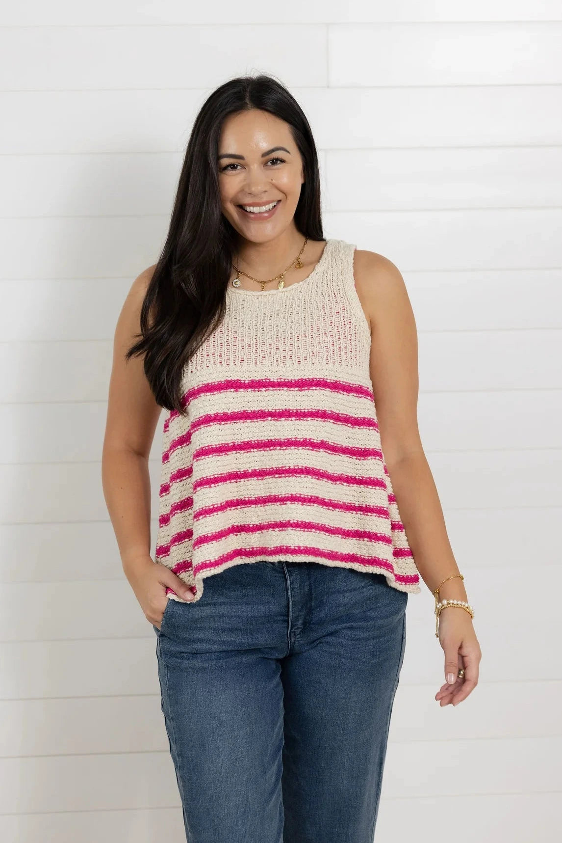 Mac and Me Striped Swing Sweater Top in Pink Stripe
