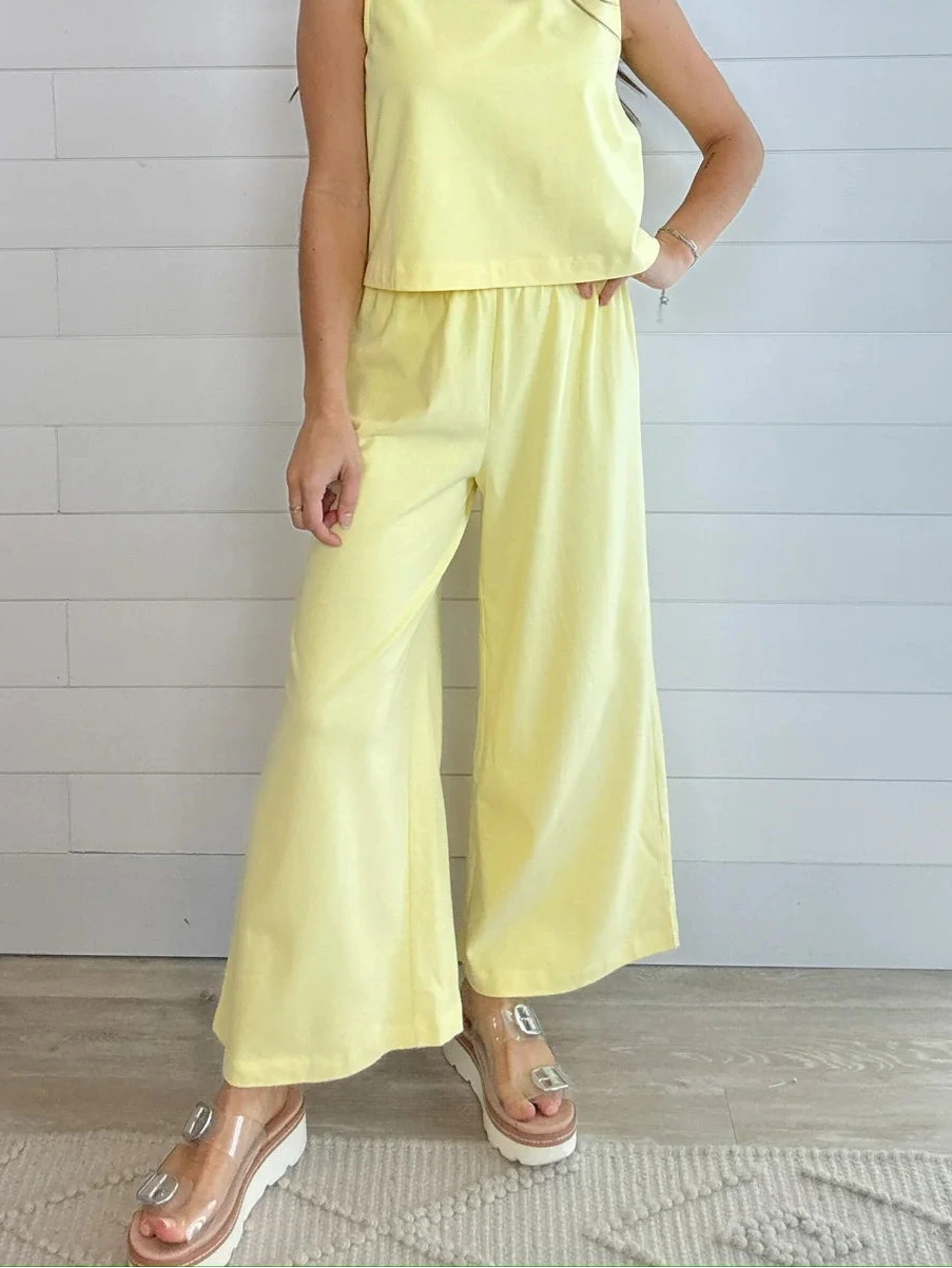 Mac and Me sunshine yellow wide leg cozy pants elastic waist on model