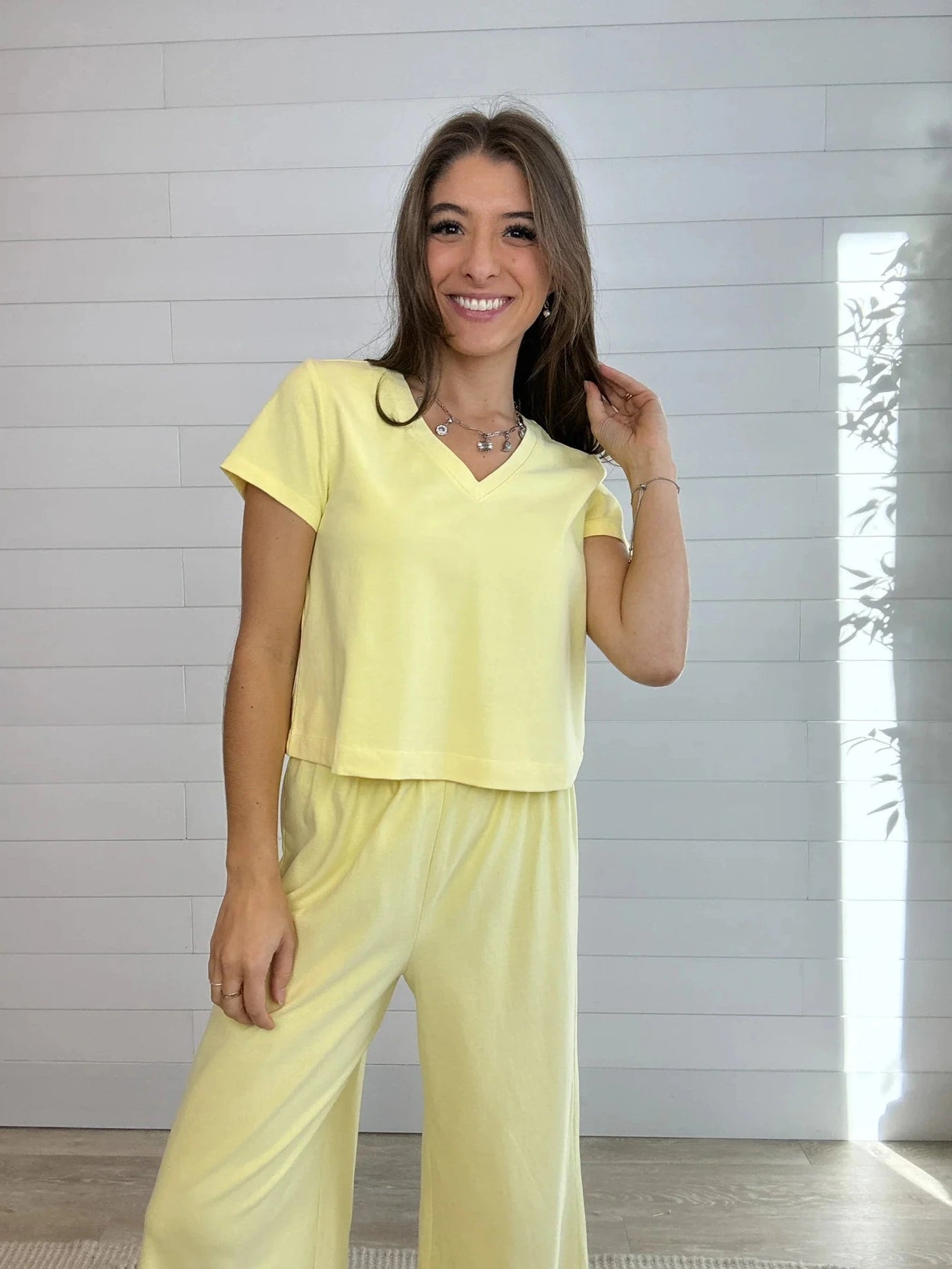 Mac and Me sunshine yellow v neck tee relaxed fit cotton top on model