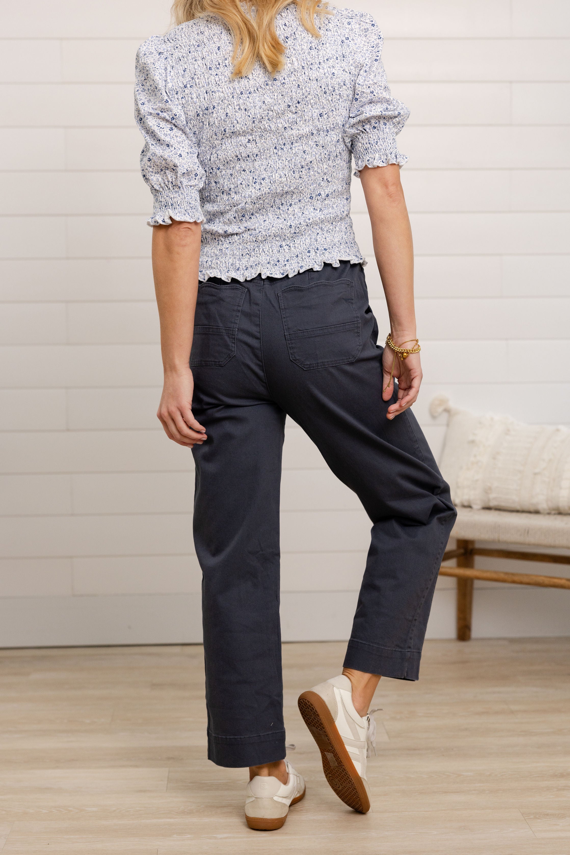 back view of Mac and Me ultra skyrise straight leg utility pants drawstring waist