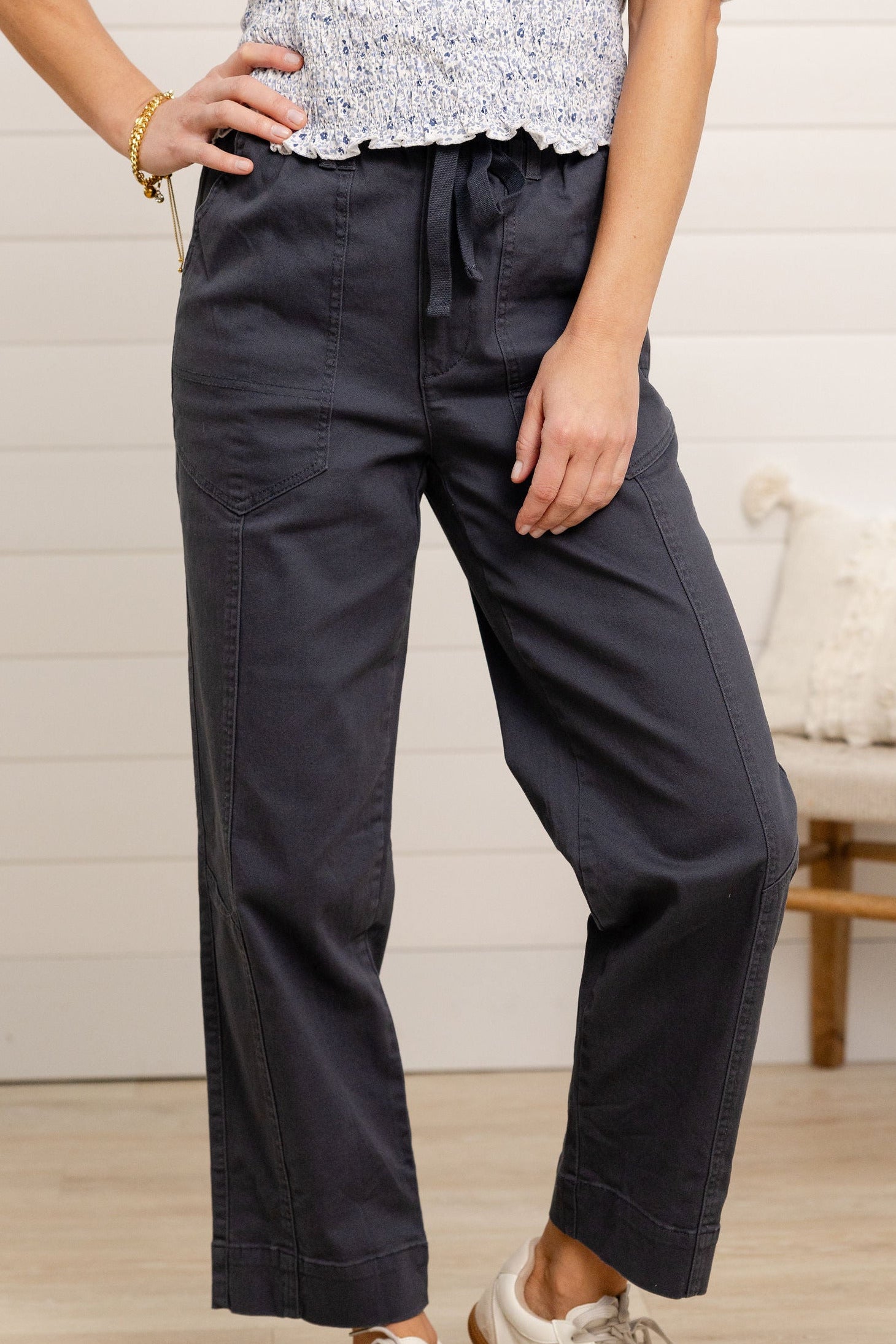 front view of Mac and Me ultra skyrise straight leg utility pants drawstring waist in color Orion (Navy)