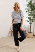 model in Mac and Me ultra skyrise straight leg utility pants drawstring waist