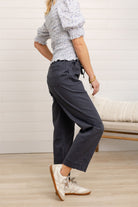 side view of Mac and Me ultra skyrise straight leg utility pants drawstring waist