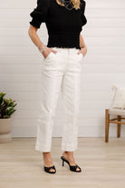 front view of the mac and me white denim pants