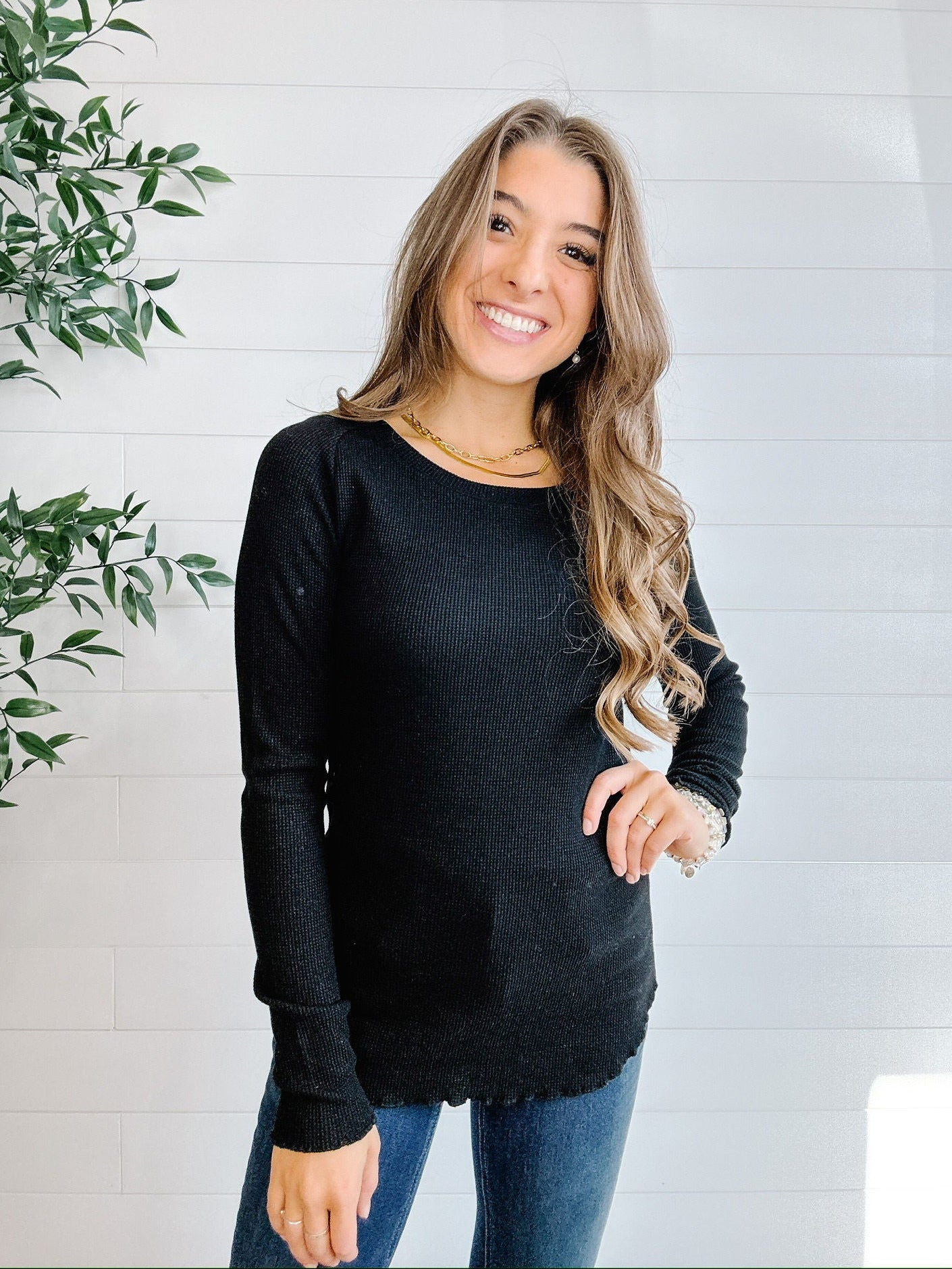 woman modeling the mac and me basic black ribbed waffle knit top