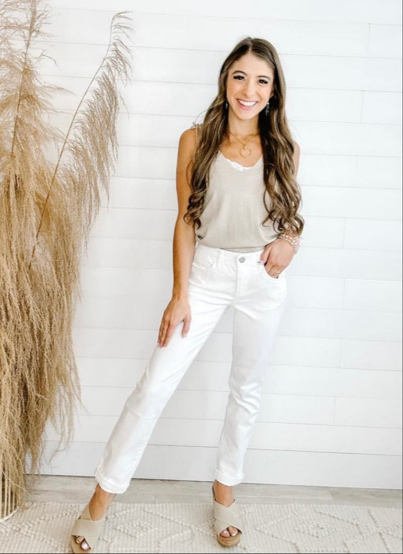 Woman wearing Mac and Me White Girlfriend Jeans, front view showing relaxed fit