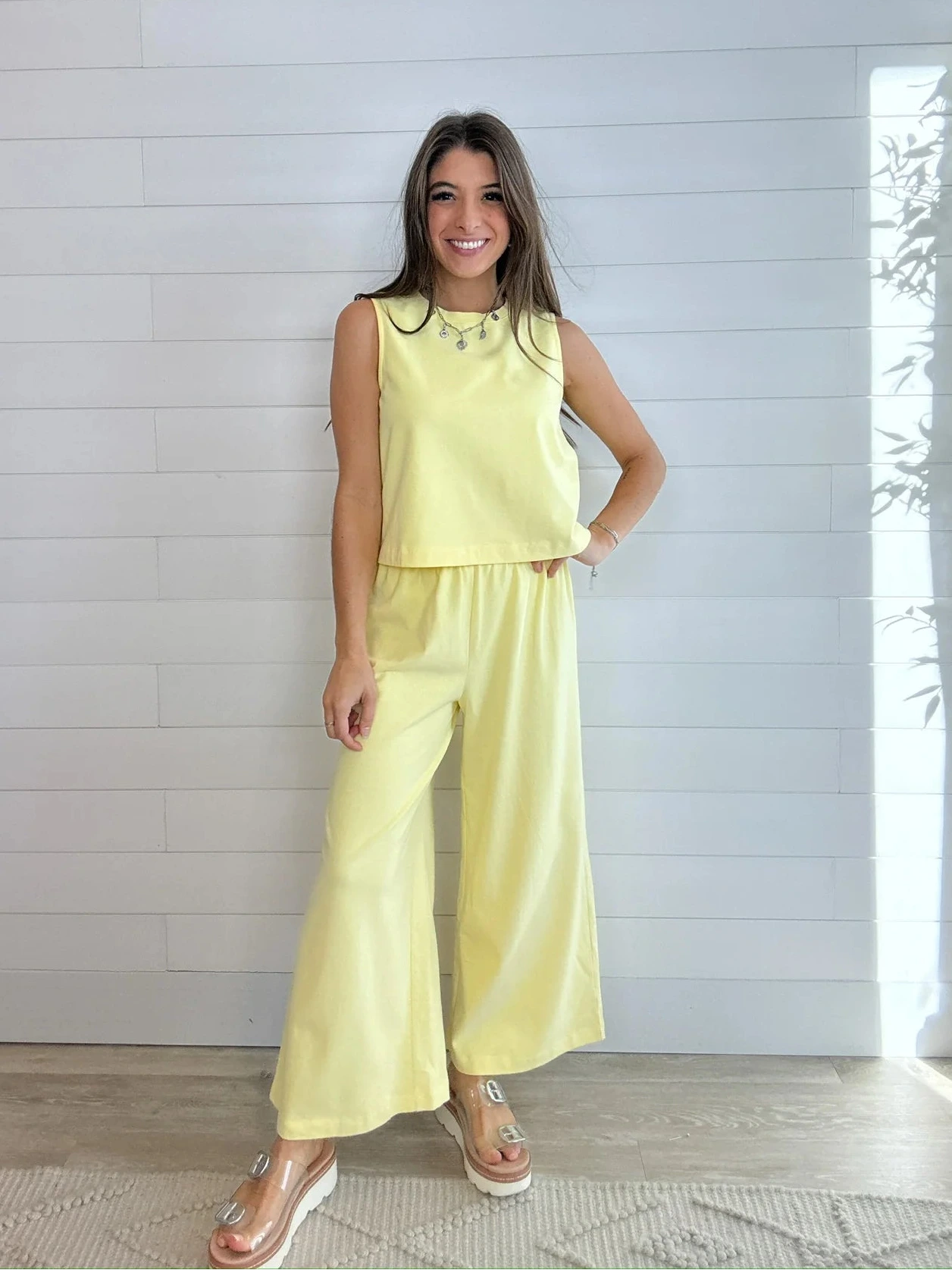 Mac and Me sunshine yellow cotton tank top sleeveless relaxed fit paired with the Cozy Pant in sunshine yellow.