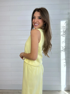 side of Mac and Me sunshine yellow cotton tank top sleeveless relaxed fit on model