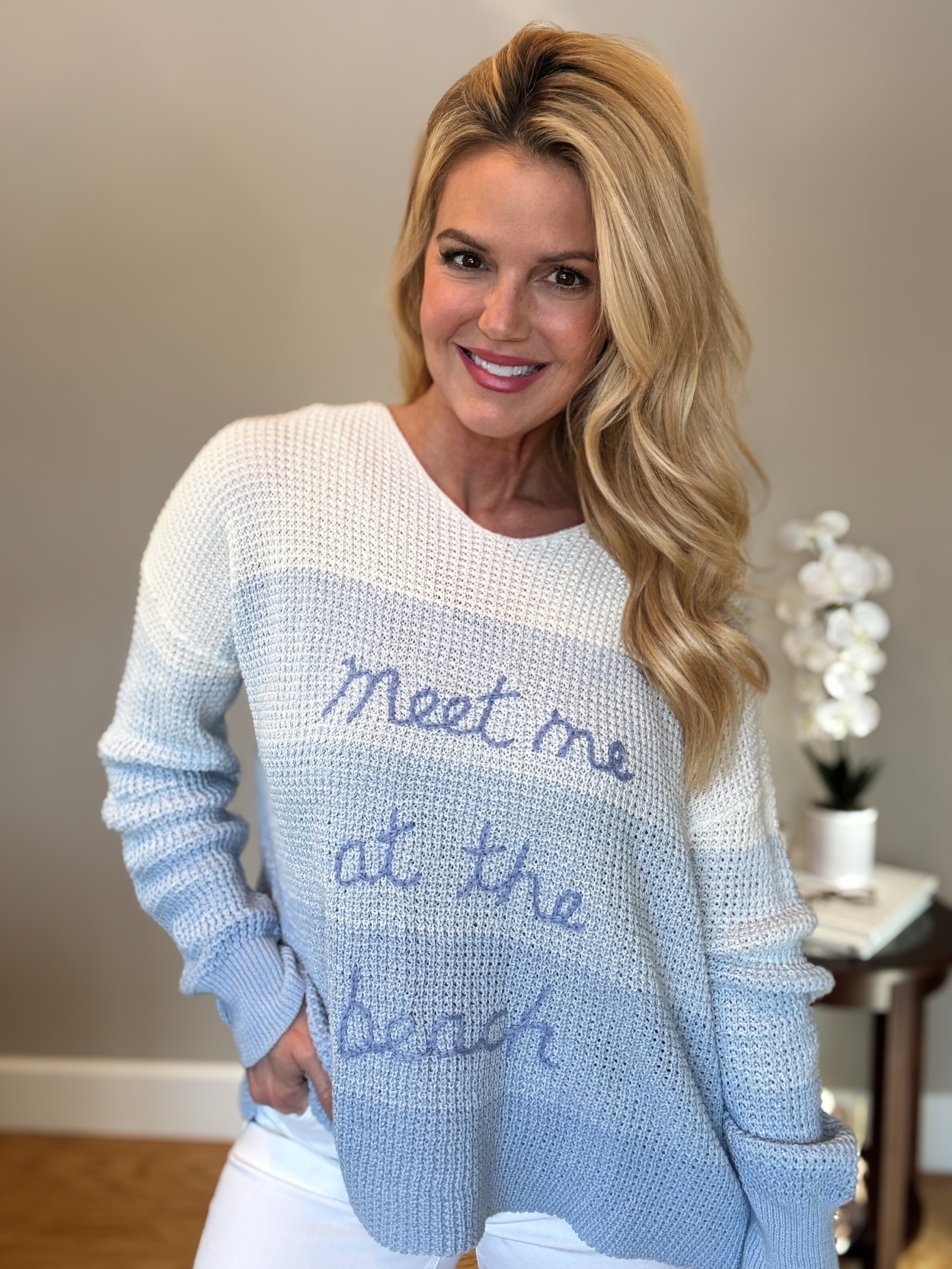 Dip dye blue and white sweater with 'Meet Me at the Beach' embroidery from Mainstream Boutique Bloomington