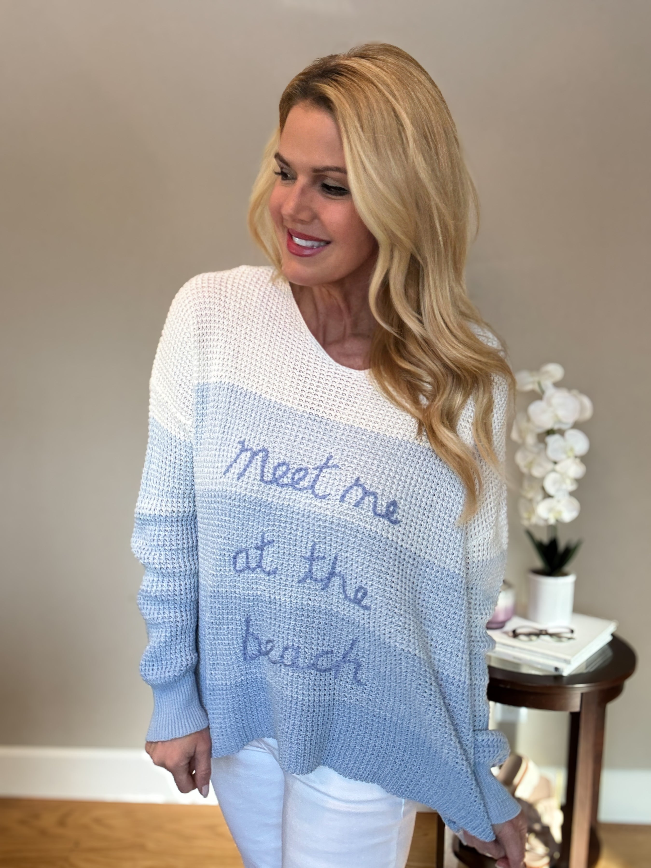 Dip dye blue and white sweater with 'Meet Me at the Beach' embroidery from Mainstream Boutique Bloomington
