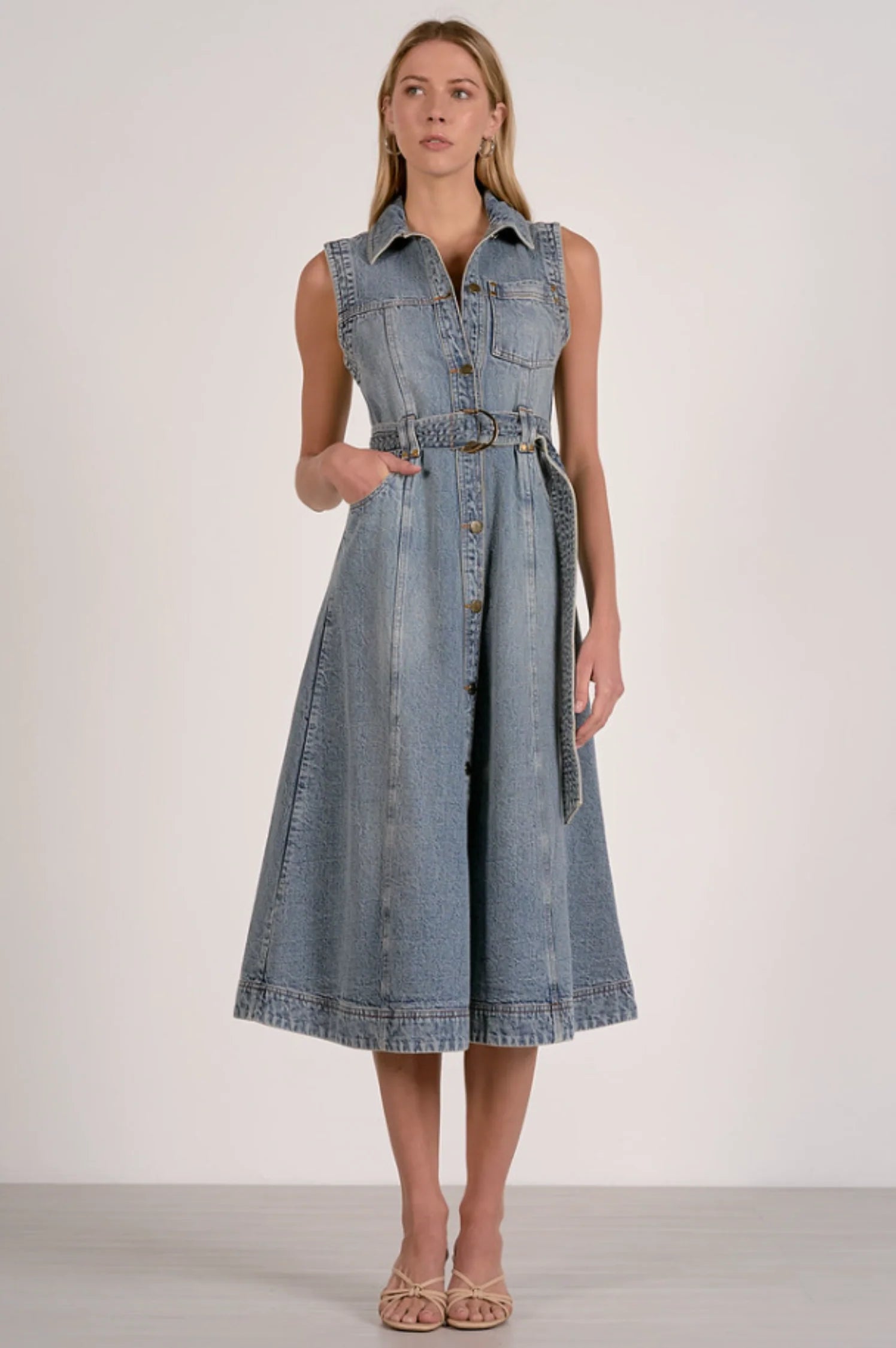 belted denim midi dress front view sleeveless button front classic wash