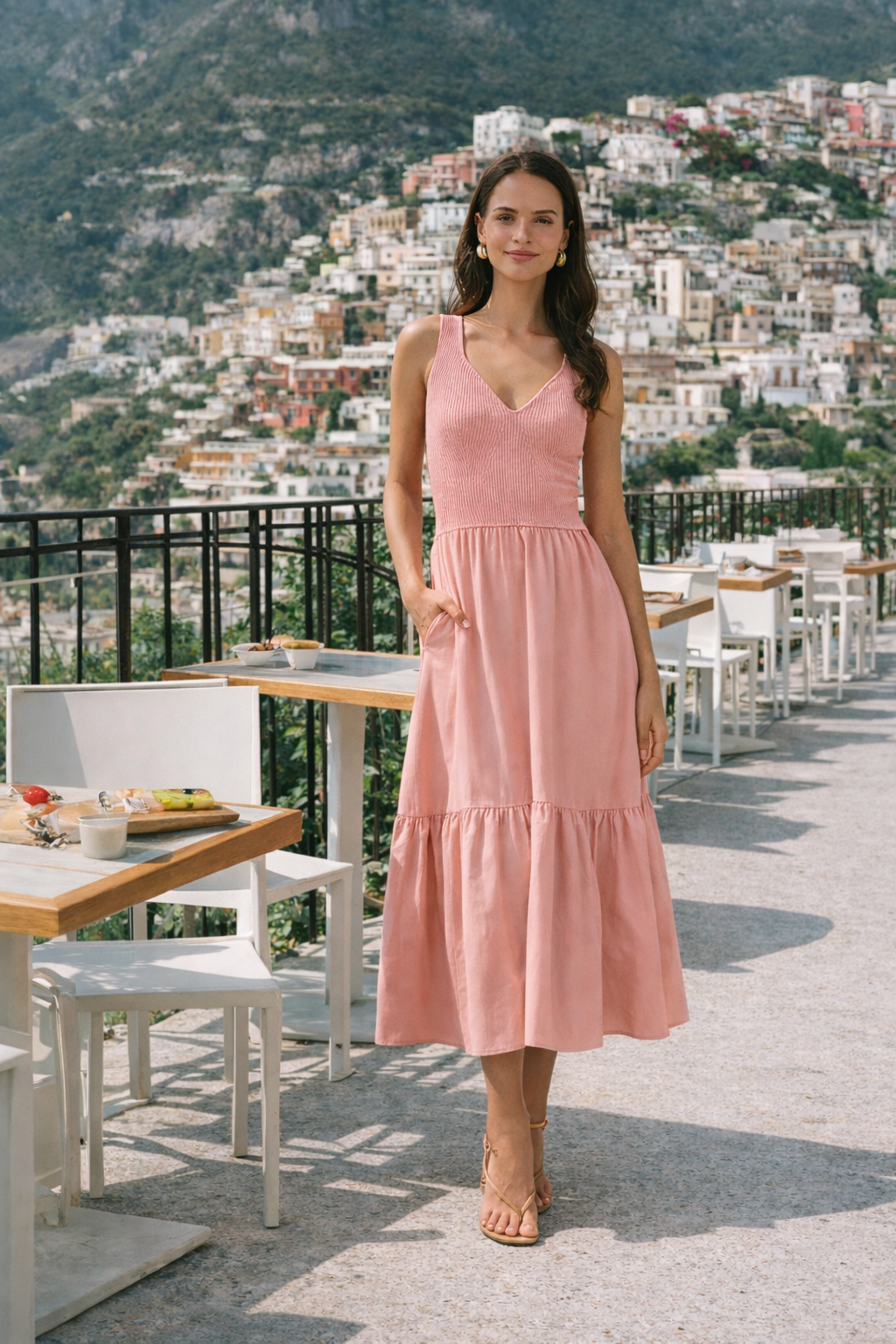 woman in the mixed media dress on vacation