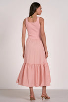 back view of blush ribbed knit mixed media midi dress with tiered skirt and pockets