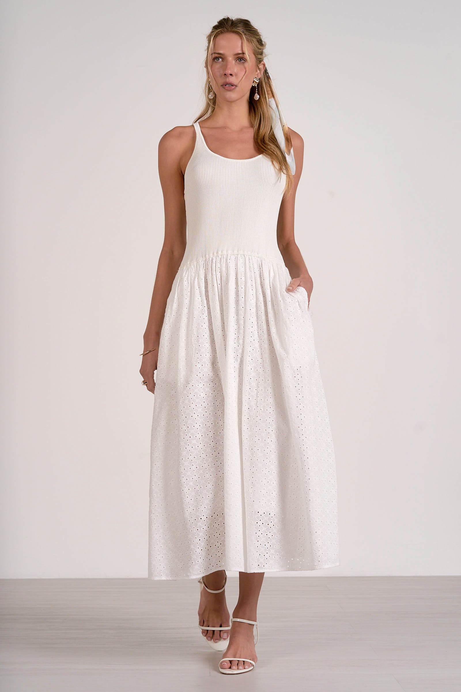 white summer dress midi length eyelet detail casual elegance