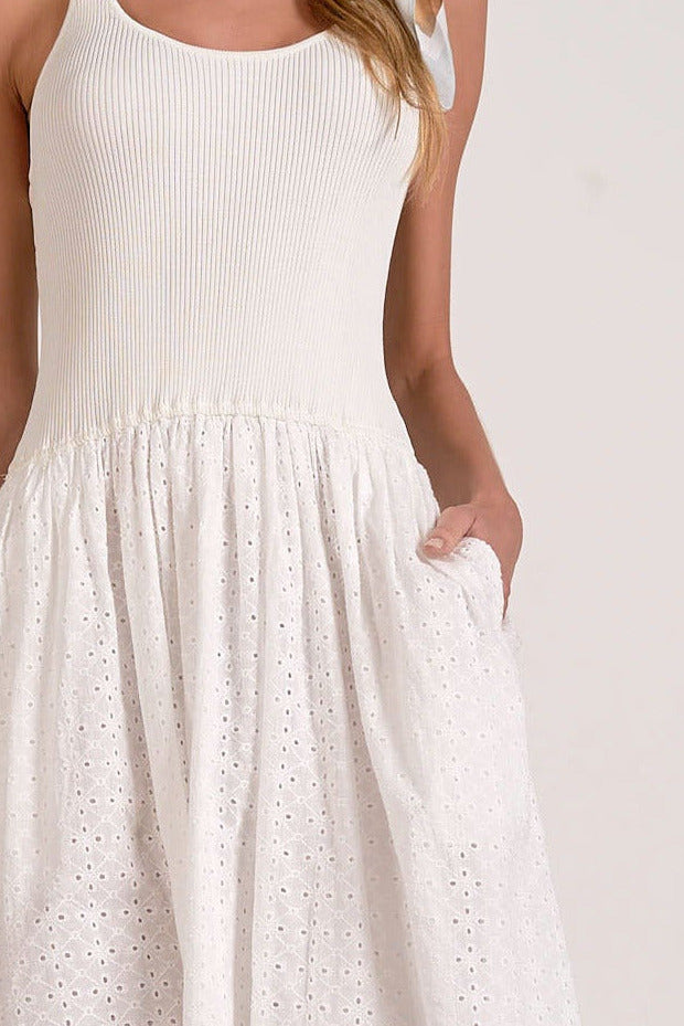 details on white summer dress midi length eyelet detail