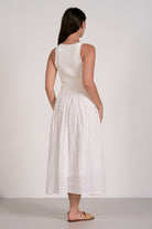 back of white summer dress midi length eyelet detail 
