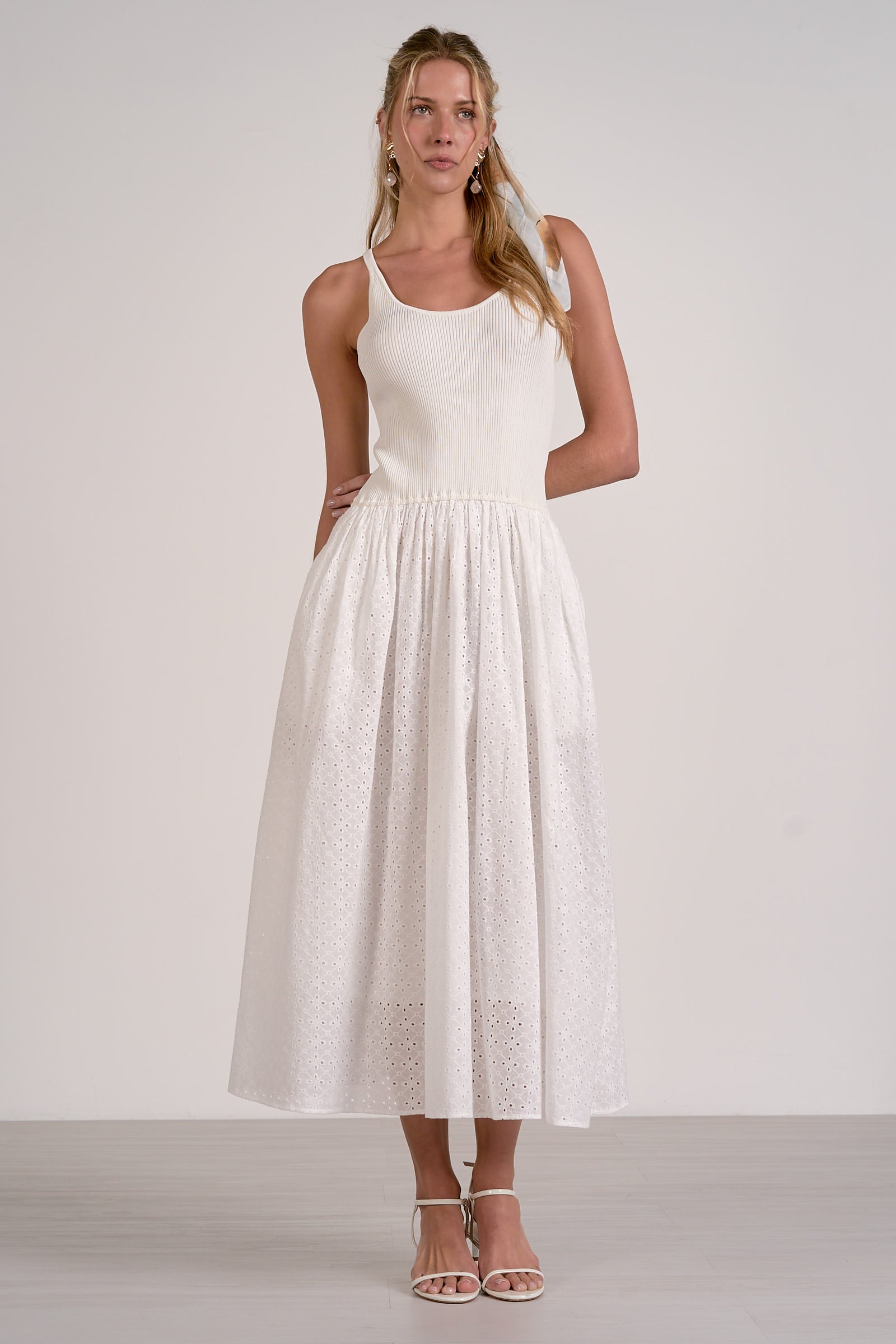 mixed media white dress knit top eyelet skirt feminine style