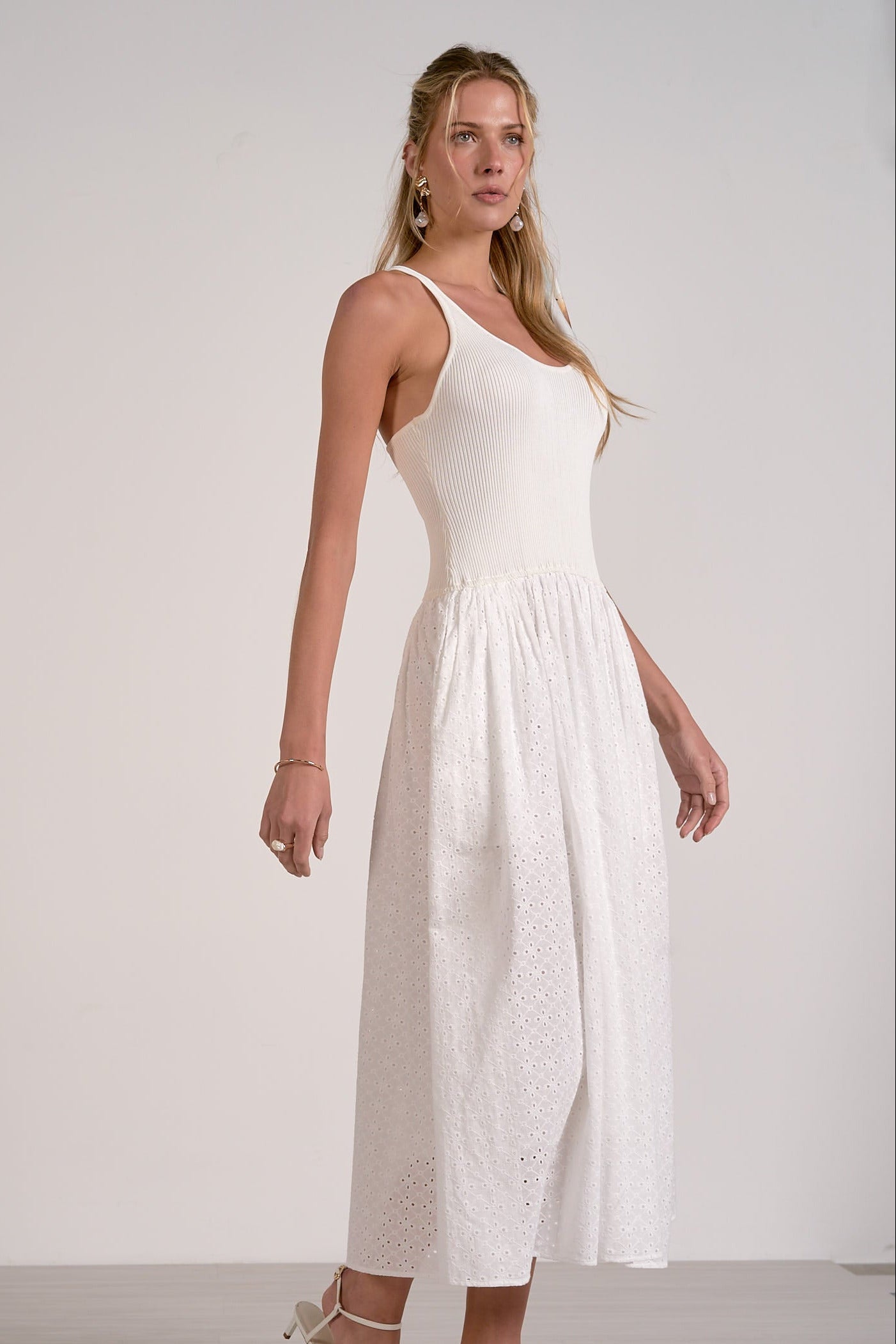 side of white eyelet midi dress sleeveless ribbed top summer outfit women