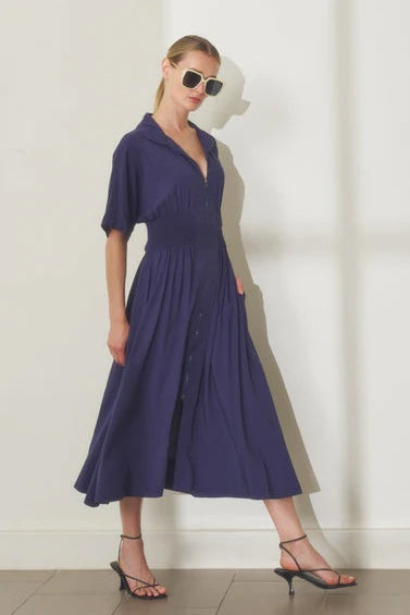 navy blue smocked waist dress