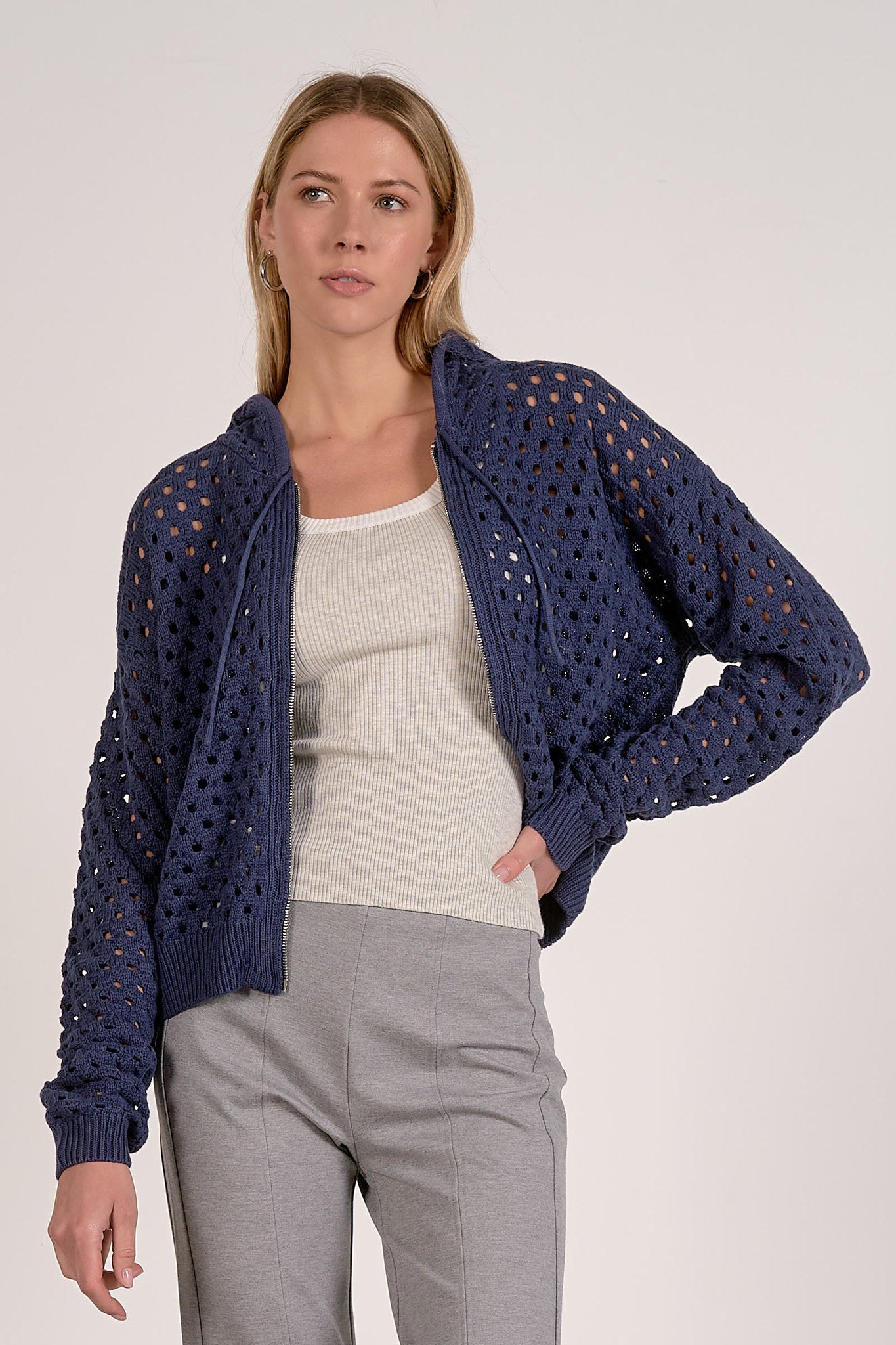 Navy open knit hooded zip cardigan with lightweight texture and relaxed fit