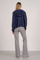 back look at the open stitch hooded cardigan in navy with zip front and breathable knit detail