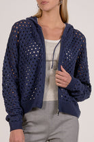 Open stitch hooded cardigan in navy with zip front and breathable knit detail