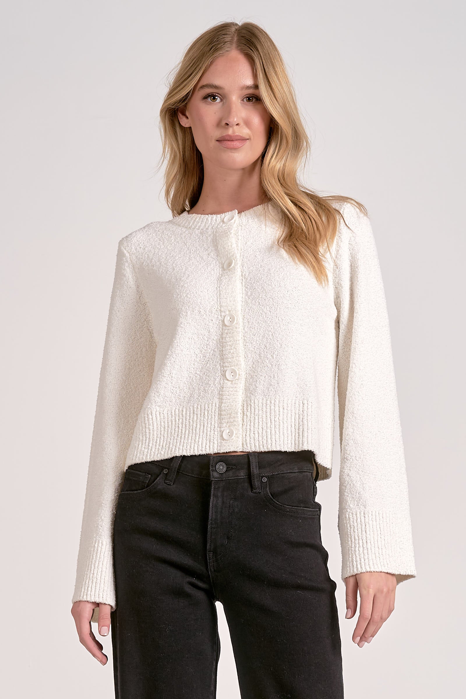 Ivory flare sleeve cropped knit cardigan for women