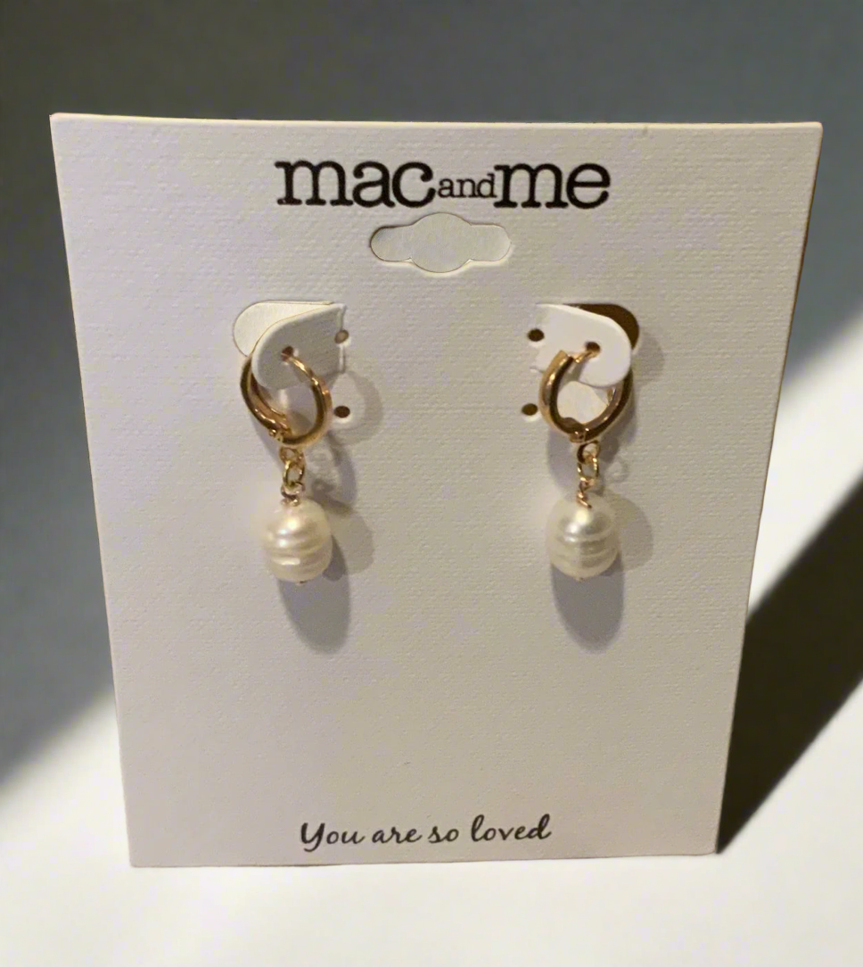 Mac and Me freshwater pearl huggie earrings with wrapped wire detail in gold