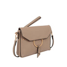 Side look at the slim Portia Crossbody in latte vegan leather with gold hardware and removable strap