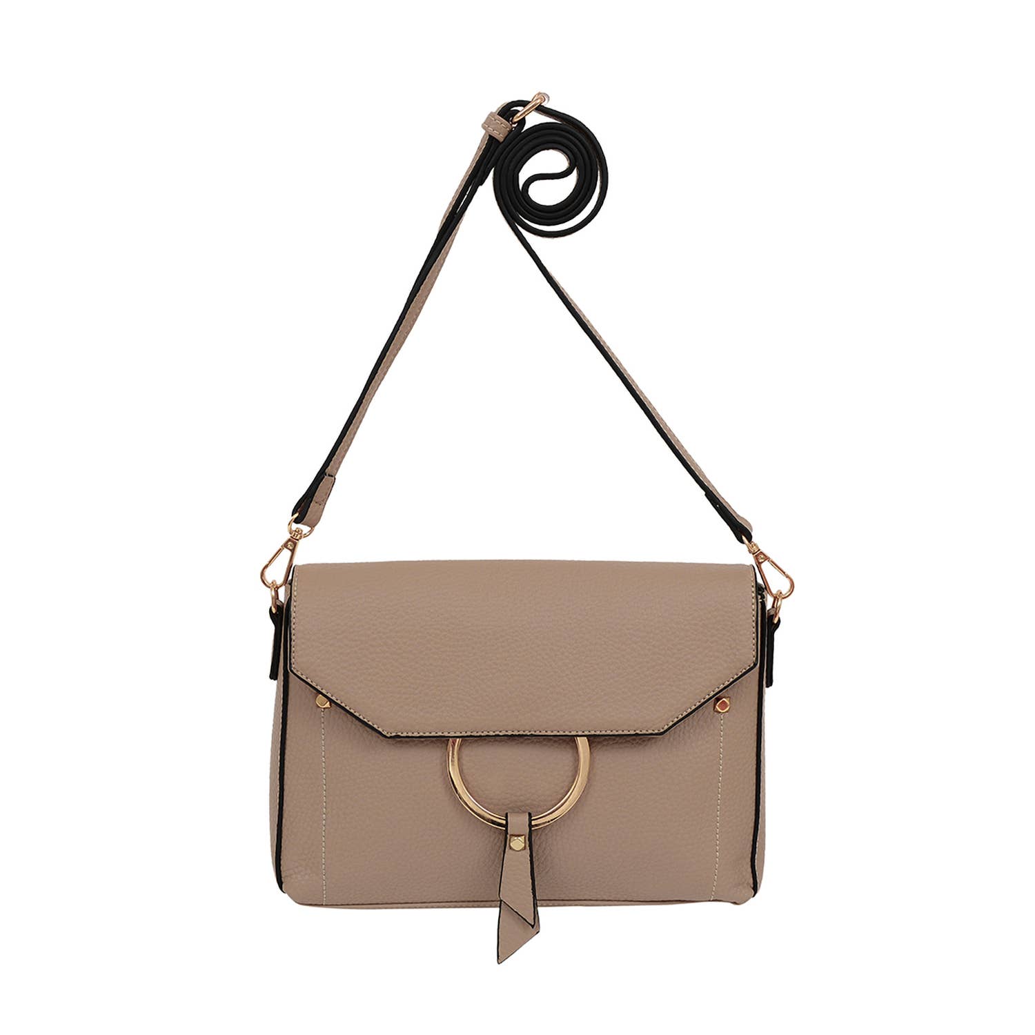 Portia Crossbody in latte vegan leather with gold hardware and removable shoulder and wristlet straps